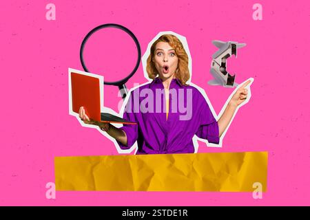 Trendkunstwerk kreative Skizze 3D-Fotocollage von Vakanz Büro Unternehmer Rekrutierung junge Dame Finger Point Laptop Zoom Glas Werkzeug Stockfoto