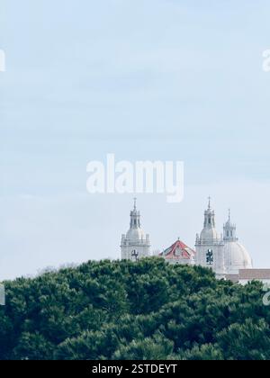 Vertikale Aufnahme der Zwillingstürme und Kuppel der Kirche und des Klosters Sao Vicente de Fora in Lissabon, Portugal Stockfoto