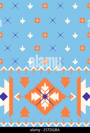Geometrisches Tribal-Muster in quadratischer und dreieckiger Form für Stoff, Fliesen und Teppich auf blauem Hintergrund Stock Vektor