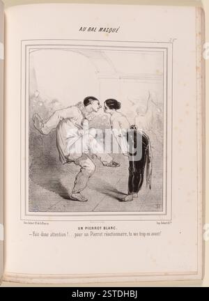 Ein als Pierrot getarnter Mann tanzt vor einer jungen Frau in Samthosen und Tanktop. Eine lose skizzierte Menge im Hintergrund fängt die festliche Atmosphäre des Balls ein. Stockfoto