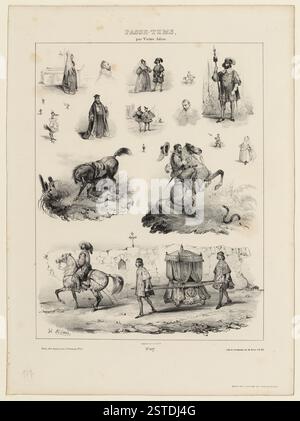 Achtzehn Vignetten zeigen Pferde, Reiter, einen Stuhlträger und verschiedene kleine Charaktere aus der Zeit Ludwigs XIII., die eine Mischung aus Reiterstudien und kleinen Charakterstudien darstellen. Stockfoto