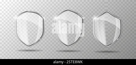 Glassieb-Set. Schutzschild-Konzept. Symbol für Sicherheitsausweis. Sichtschutzbanner. Sicherheitsetikett. Stock Vektor