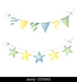 Festliche Girlanden mit Dreieck und sternförmigen Fahnen zur Dekoration in grünen, blauen und gelben Farben. Handgezeichnete Aquarelle isolierte Elemente für Grußkarten, festliche Verpackungen und Designs. Stockfoto