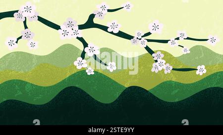 Kirschblütenzweig mit Bergen im Hintergrund, minimalistische asiatische Naturillustration. Vektorabbildung Stock Vektor