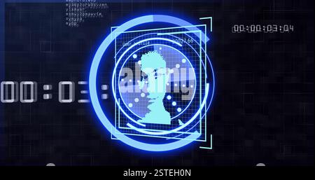 Digitales Gesichts-Scan-Bild über Binärcode und Datenverarbeitung Stockfoto