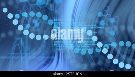 DNA-Strang und wissenschaftliches Datenverarbeitungsbild auf blauem abstraktem Hintergrund Stockfoto