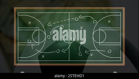 Basketball-Strategiebild über Diagramm des Platzes an der Tafel Stockfoto