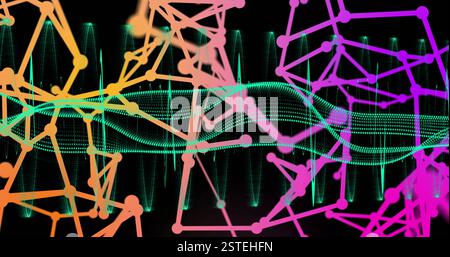 Farbenfrohe geometrische Formen und Linien werden über Schallwellen und Equalizer dargestellt Stockfoto