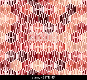 Geometrische Konstruktion mit sechseckigem Muster. Sechseckiger, gestapelter Mosaikhintergrund. Rote Farbtöne. Sechseckige Zellen. Nahtloses Muster. Illustration des Tileable Vektors. Stock Vektor