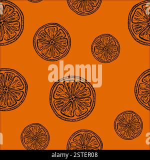 Nahtloses Mandarine-Vektor-Muster. Illustration von Mandarinenschnitten. Grafikstil. Isoliert auf der orangefarbenen Hintergrundform. Verpackung von getrockneten Früchten Stock Vektor