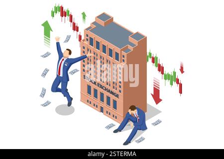 Isometrischer Vektor eines Börsengebäudes mit einem bullischen und bärischen Trader, der auf Marktschwankungen reagiert. Aktienhandel, Kryptowährung, Forex Stock Vektor