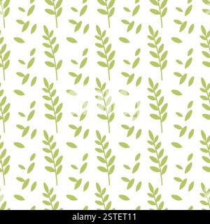Nahtloses Muster mit grünen Blättern. Moderner abstrakter Blumenhintergrund mit Blättern. Zum Verpacken von umweltfreundlichen Waren, Textilien und Geschirrmustern. Stock Vektor
