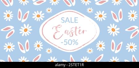 Ein Banner für Osterfeier. Horizontales Vektordesign mit Gänseblümchen und Kaninchenohren. Eine Vorlage für eine Osterkarte, einen Flyer, einen Feiertagsverkauf, ein Layout mit einem Platz für Text. Stock Vektor