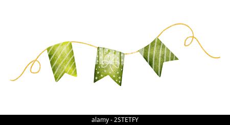 Handgezeichnete Aquarellillustration von grünem festlichem Faden mit Kleeblatt. Festliche Flaggen. Girlande zur Dekoration. Perfekt für St. Patrick's Day Stockfoto
