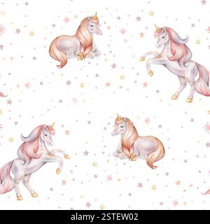 Nahtloses Aquarellmuster mit Einhorn und mehrfarbigen Sternen. Handgezeichnete Illustrationen des Hintergrunds für Kinderzimmer-Tapeten, Babydekor, Textilien Stockfoto