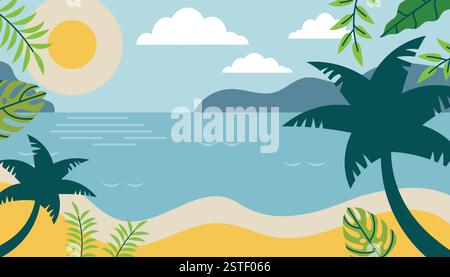 Tropische Strandlandschaft mit Palmen und tropischen Blättern in flachem Stil. Inselresort-Konzept. Tourismus Sommer Karte oder Banner. Stock Vektor