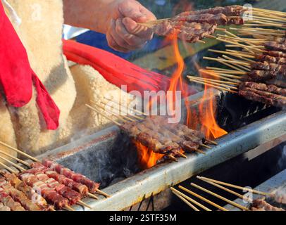 Feuerflecken und die Fleischspieße, die in Italien ARROSTICINI genannt werden, sind ein typisches Gericht der mittelitalienischen Küche Stockfoto