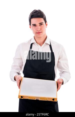 Attraktive junge Koch oder Kellner halten Pizza-Schachtel Stockfoto