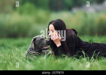 Legen Sie sich auf das Gras. Die junge Brünette geht draußen mit ihrem Hund spazieren. Stockfoto