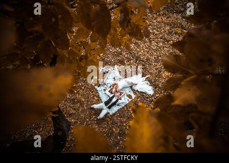 Das Brautpaar liegt unter einem Baum Stockfoto