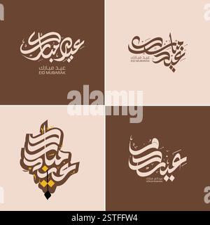 Eine beeindruckende Sammlung arabischer Kalligraphie-Designs, die Eid ul Fitr und Eid Mubarak zelebrieren. Diese eleganten islamischen Typografie-Kunstwerke sind modern Stock Vektor