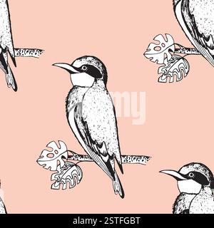 Nahtloses Muster mit lustigen Vögeln, Blumen, Blättern. Flache Vektordarstellung mit Cartoon-Vogelsilhouette. Süße Figuren. Design für Einladung Stock Vektor