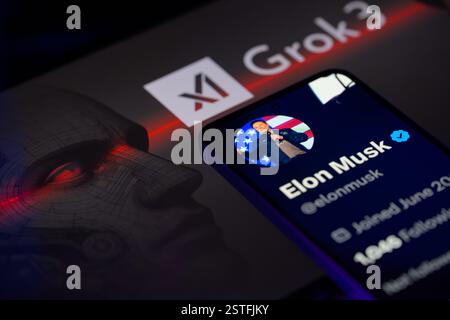 Brüssel, Belgien Februar 2025. Elon Musk X-Profil wird auf einem Mobiltelefon angezeigt, mit X AI Grok 3 auf dem Tablet-Bildschirm, wie in dieser Fotoabbildung zu sehen. Aufgenommen in Brüssel, Belgien, am 18. Februar 2025. (Jonathan Raa/SIPA USA) *** ausschließlich für redaktionelle Nachrichten *** Credit: SIPA USA/Alamy Live News Stockfoto