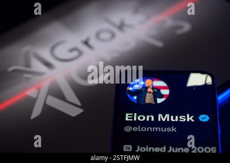 Brüssel, Belgien Februar 2025. Elon Musk X-Profil wird auf einem Mobiltelefon angezeigt, mit X AI Grok 3 auf dem Tablet-Bildschirm, wie in dieser Fotoabbildung zu sehen. Aufgenommen in Brüssel, Belgien, am 18. Februar 2025. (Jonathan Raa/SIPA USA) *** ausschließlich für redaktionelle Nachrichten *** Credit: SIPA USA/Alamy Live News Stockfoto