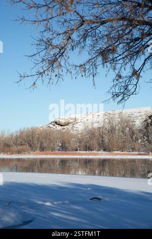 Kühle Winterszene am Missouri River. Felsige Klippen und Pappholzbäume im Hintergrund, Schnee und Eis im Vordergrund eingerahmt von Baumästen. Stockfoto