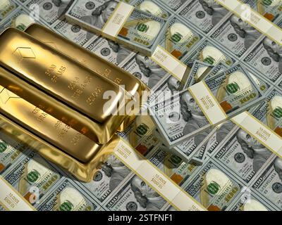 100 Dollar Banknoten und Goldbarren - 3D Rendering Stockfoto