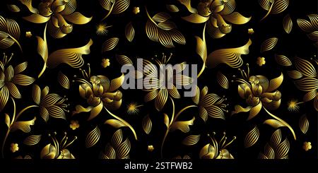 Goldene Blumen auf dunklem Hintergrund. Handzeichnung. Nicht AI, Vektorillustration Stock Vektor