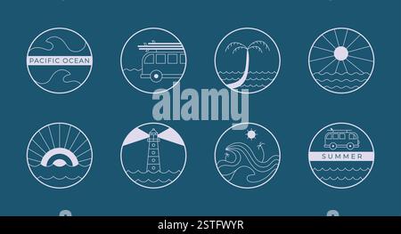 Surfen, einfache runde Ikonen im Meer. Linie Meer, Palme, Sonnenelemente für das Camp, Resort Aufkleber, Merch, T-Short Design. Stock Vektor