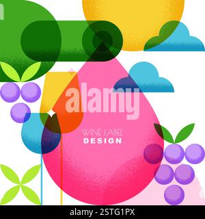 Vektor moderne flache Illustration von Weinflasche, Gläsern, flüssigem Weintropfen und Trauben. Designelemente für Etiketten, Poster, Weingüter. Stock Vektor
