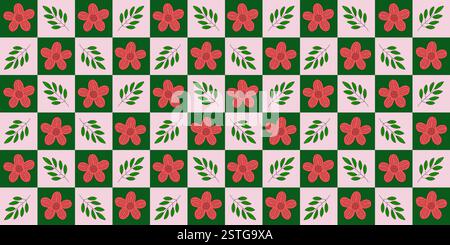 Nahtloses Muster mit roten Wiesenblumen und Zweigen, auf kariertem rosa und grünem Hintergrund, Doodle-Stil-Vektor-Illustration Stock Vektor