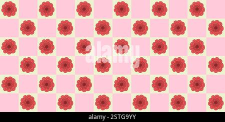 Nahtloses Muster mit rotem Rosenblütenkopf auf kariertem rosa und gelbem Hintergrund, Kritzelstil Vektor-Illustration Stock Vektor