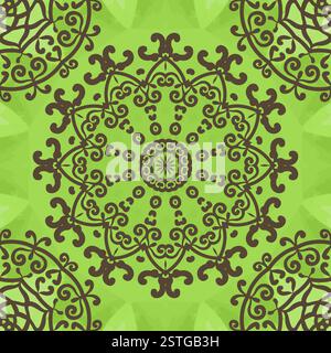 Floral Seamless Pattern auf grüne Textur, handgezeichnete Mandala-Blume. Dekorative Runde nahtlose Lochmuster. Stockfoto