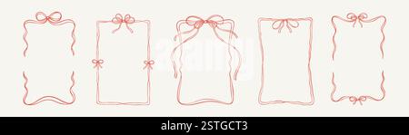 Satz rechteckiger vertikaler Bogenbänder. Niedliche Elemente mit Kritzelmuster in Pink. Handgezeichneter Girly Border für Weihnachtskarten, Geburtstagsparty Stock Vektor