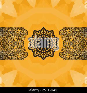 Eleganter orientalischer Rahmen mit nahtloser Aquarellstruktur. Handgezeichnete Mandala-Blüte im mittleren Copyspace über und unter. Verzierung Stockfoto