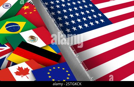Geschlossene US-Grenze und amerikanische Globale Isolation als blockierte wirtschaftliche und politische Philosophie als Mauer mit US-Flagge, die die Internierung blockiert Stockfoto