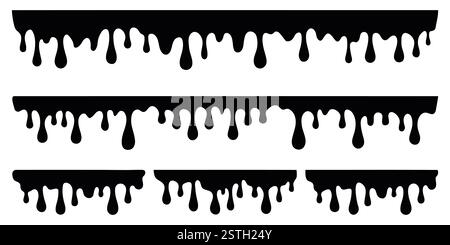 Schwarz tropfende Farbe, schmelzende Schokolade oder Tropfen Öl. Satz abstrakter flüssiger Färbeelemente. Illustration des flachen Vektors von Tintenflüssen. Stock Vektor