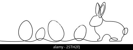 Eine fortlaufende Linienzeichnung von Ostereiern und Kaninchen. Begrüßungsbanner mit Häschen und Ohren in schlichtem, linearen Stil. Illustration des Kritzelvektors. Stock Vektor