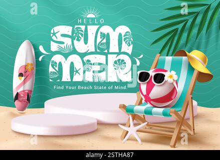 Hallo Sommer Podium Clipart Hintergrund Design. Grußtext für den Sommer in grünem Muster Clip Art für den Urlaub mit Liegestühlen, Surfbrett. Stock Vektor