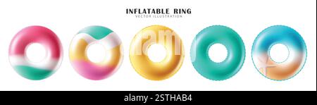 Aufblasbares Ring Clipart-Set für den Sommer. Mehrfarbige Floater Ring Clip Art Kollektion für Urlaub Strand und Schwimmbad Rettungsring Ausrüstung aus Gummi Stock Vektor