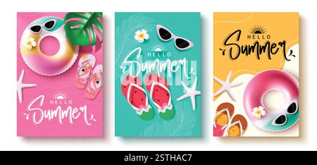 Hello Summer Clipart Poster Set. Sommer Gruß Text Clipart Sammlung in farbenfrohem Hintergrund mit niedlichen aufblasbaren Floatern, Sonnenbrillen und Flipflop Stock Vektor