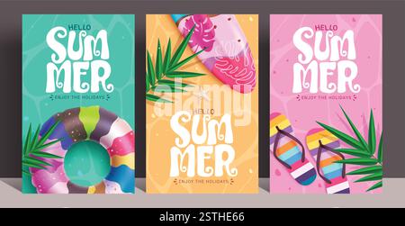 Hello Sommer abstrakter Hintergrund Clipart Poster Set. Hallo Sommer Grußtext in farbenfrohem tropischen Hintergrund mit aufblasbaren Floatern, Surfbrett. Stock Vektor