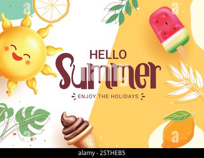 Hello Summer Greeting Clipart Hintergrund Design. Sommertext in weiß und Gelb abstrakte Hintergrundclip-Art mit glücklicher Sonne, Eis, Birne. Stock Vektor