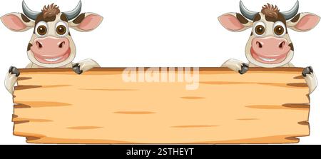 Zwei Karikaturkühe mit einem leeren Holzschild Stock Vektor