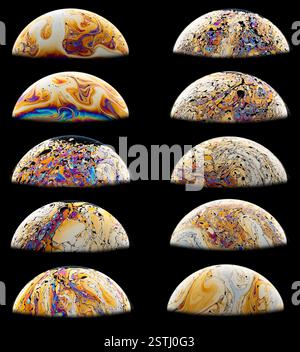 Eine Sammlung von Fotos mit bunten Seifenblasen auf schwarzem Hintergrund. Hohe Auflösung. Stockfoto
