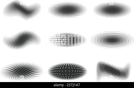 Gepunktete Vektorformen. Abstrakte Wellenelemente des Gradienten isoliert auf weißem Hintergrund. Geometrische Halbtonlinien mit Abstufungstextur. Geschwungene Dynamik Stock Vektor