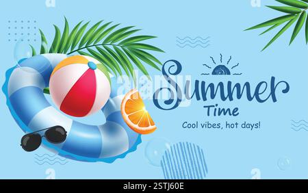 Clipart-Bannerdesign für den Sommer. Grußtext zur Sommerzeit in blauem Hintergrund Clip Art mit aufblasbarem Ring, Strandball und Tropenelement Stock Vektor